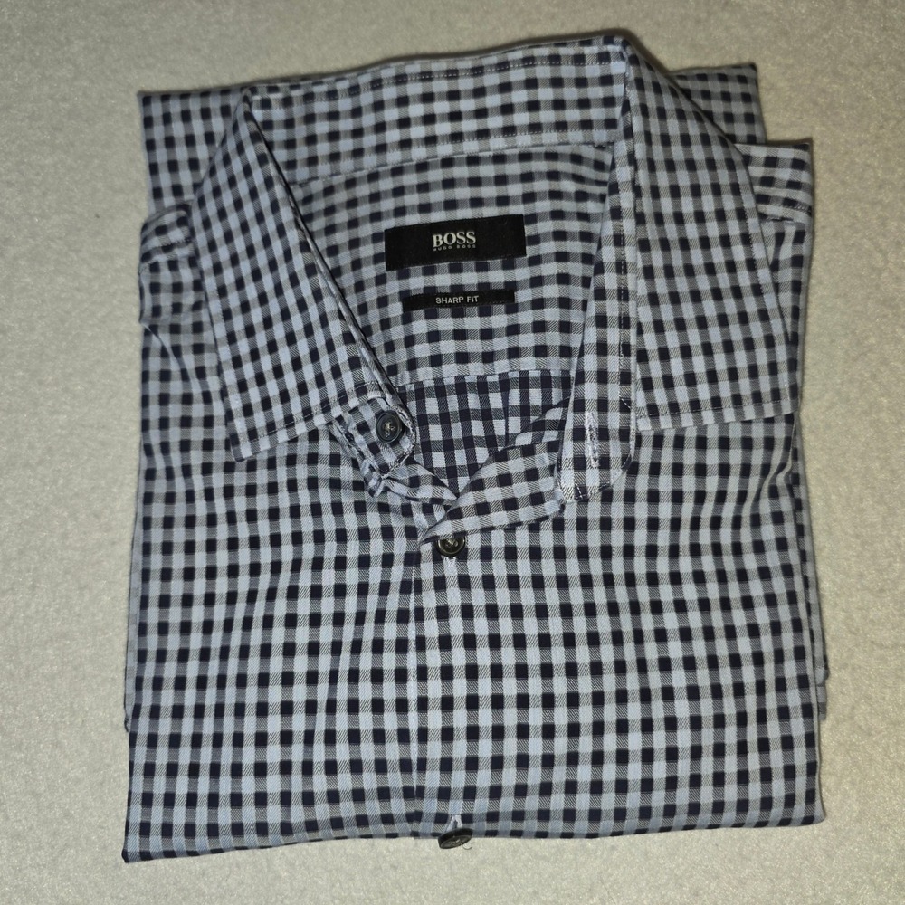Hugo Boss Sharp Fit Dress Shirt Mens 16R Navy Blue Gingham Check Long Sleeve